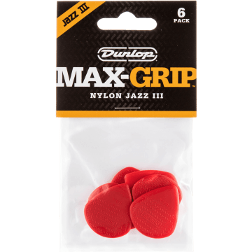Dunlop Max Grip Nylon Jazz III Plectrum 6-Pack rood